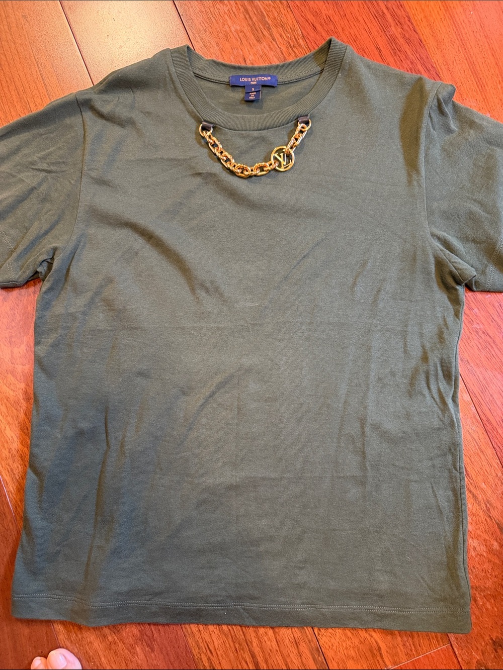 Louis Vuitton Olive Green Tee with Gold Chain Accent comfortable and luxury